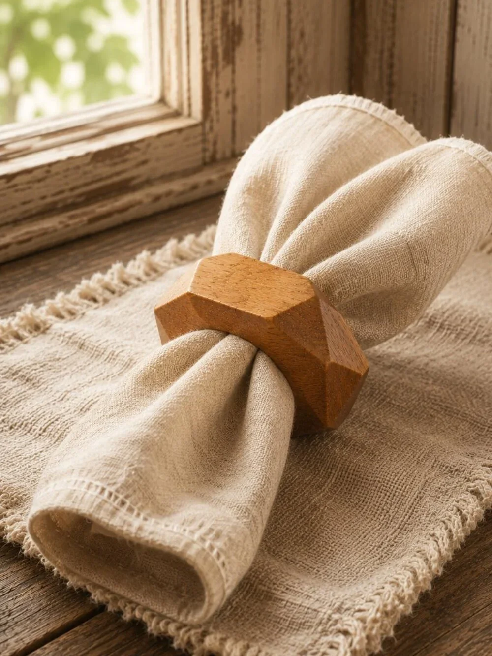 Set of 4 Vintage MCM Geometric Design Faceted Wooden Napkin Rings
